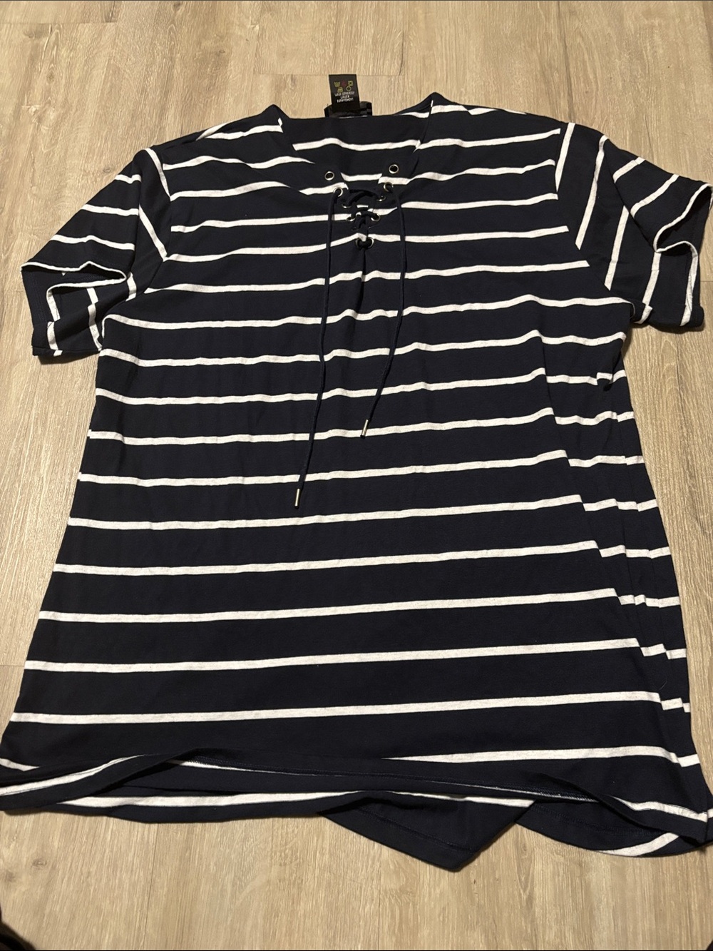 Navy & White Striped Lace-Up Short Sleeve Tee
